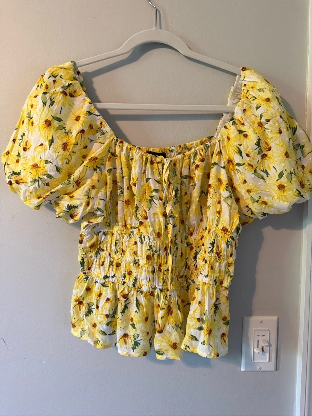 Aqua Yellow Floral Puff-Sleeve Smocked Waist Top